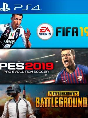 3 JUEGOS EN 1 FIFA 19 PS4 mas PRO EVOLUTION SOCCER 2019 PS4 mas PLAYERUNKNOWNS BATTLEGROUNDS PS4